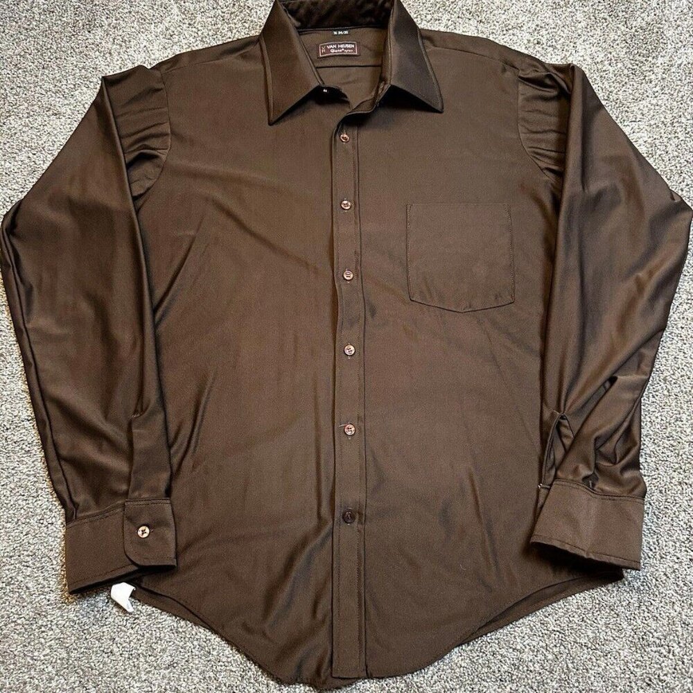 Vtg‎ 70s Van Heusen Black Brown Nylon Knit Disco Dress Shirt Square Buttons L